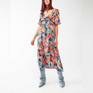 NWT Q2 Floral Belted Wrap Maxi Dress Orange Pink